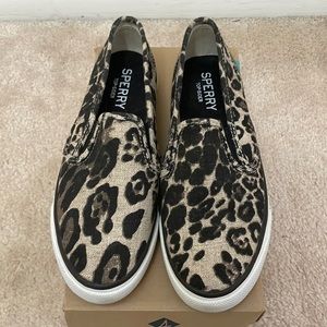 Sperry Seaside Animal Print Leopard Canvas Slip-on Sneakers (7.5)